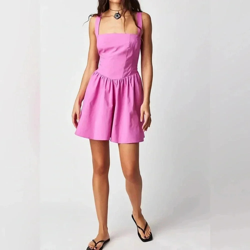 Free People East Side Lace Up‎ Mini Dress Pink Flower Power $98 Fairy Feminine